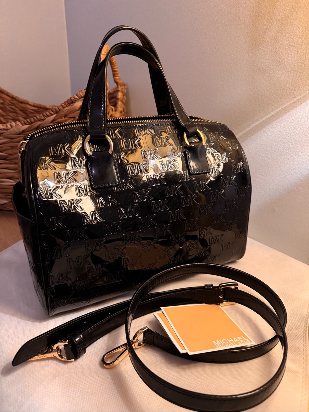 Michael Kors Black Patent MK Logo Satchel with Gold Hardware